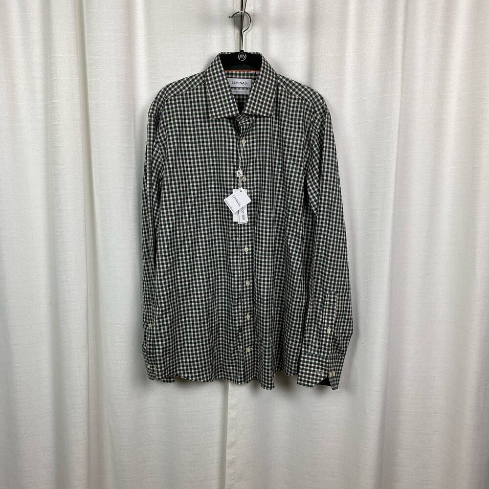 Levinas Green Plaid Cotton Contemporary Fit Button Up Shirt Sz.L 16/16.5 NWT